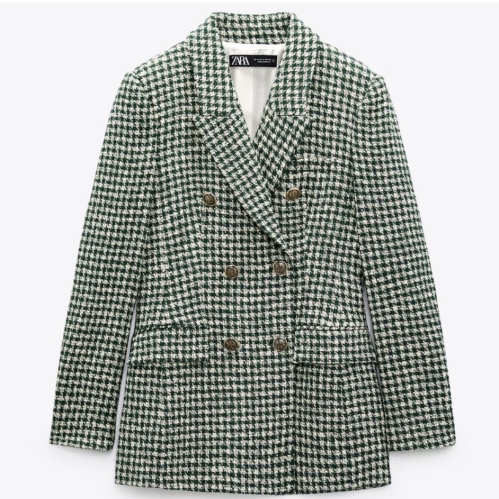 Zara Ecru/Green Houndstooth Lapel Collar Double Breasted Blazer Kate Middleton S